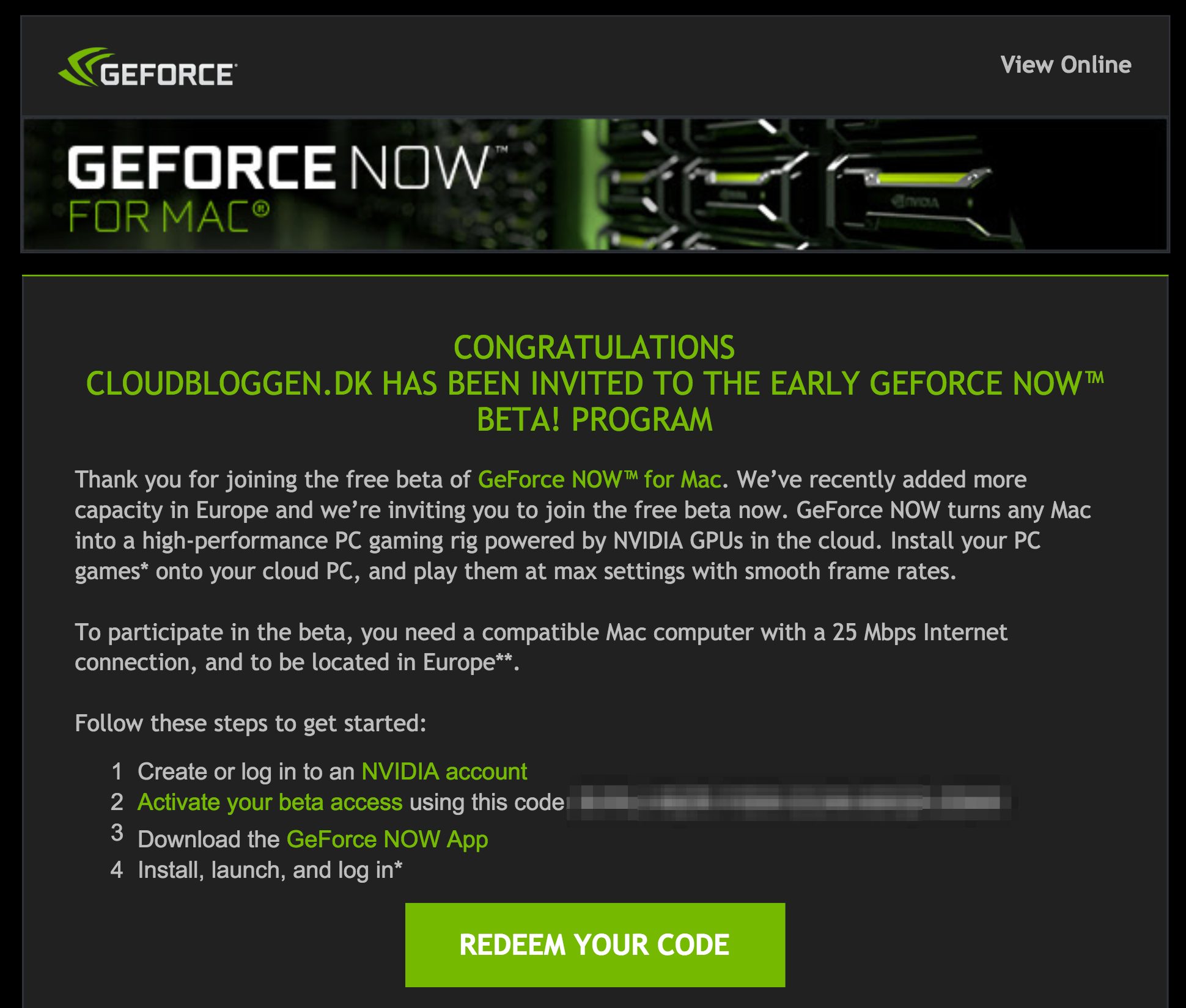 Geforce Now Cloud invitation e-mail